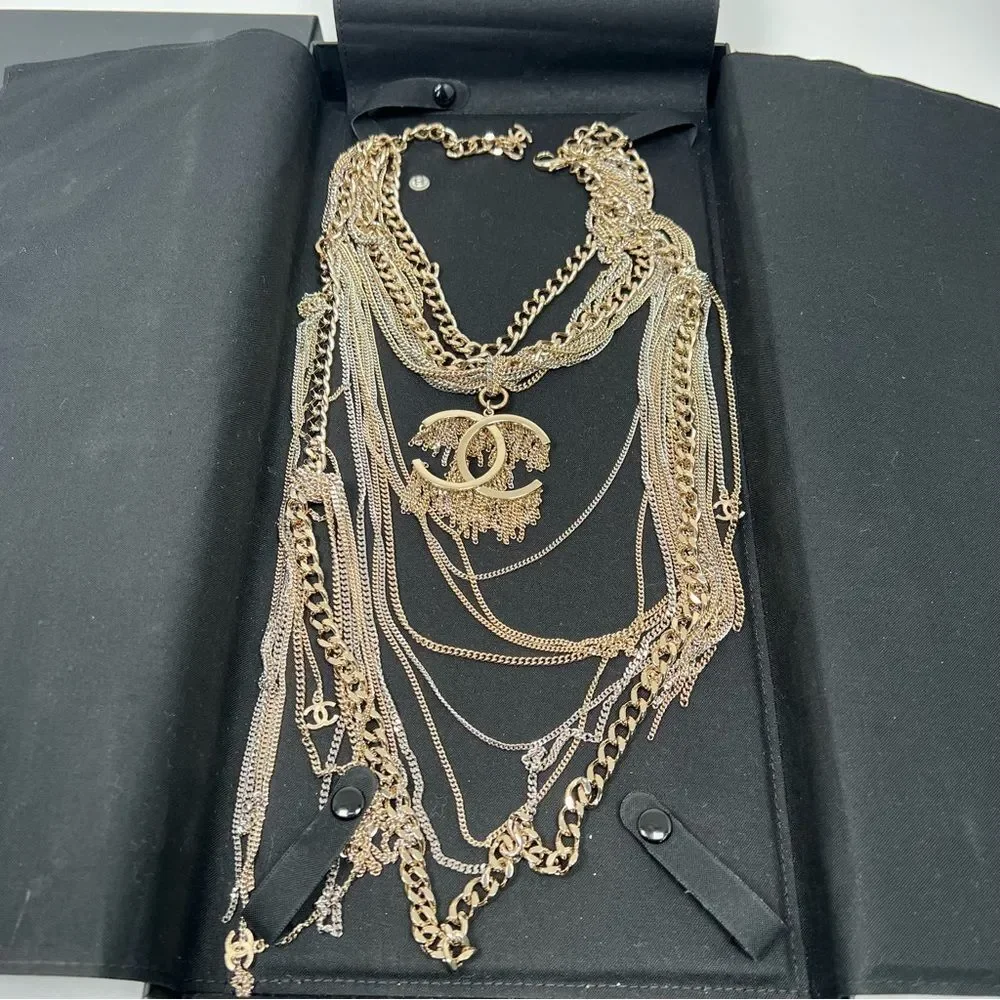 Chanel CC Multilayer  Metal Necklace Choker With Box
